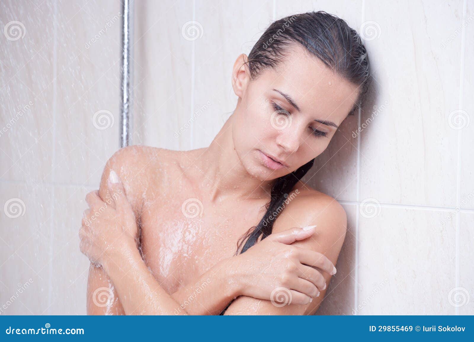 disappointed girl in shower stock